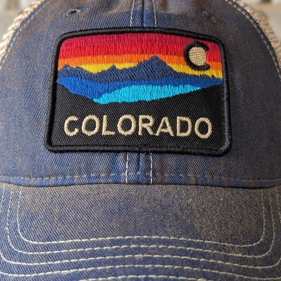 NWOT Legacy Colorado Mountain Sunrise Sunset Patch Trucker Hat Unisex Blue Tan - Picture 2 of 9